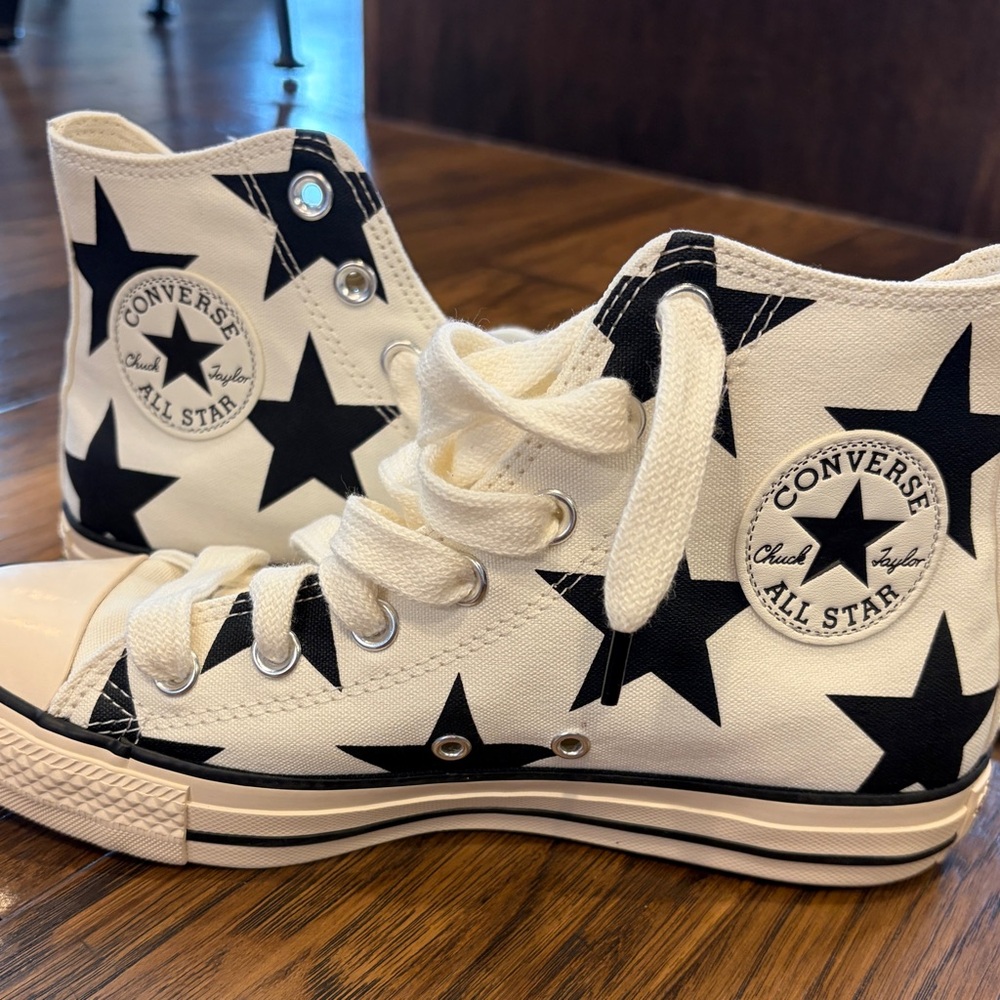 Converse White Canvas High Top Sneakers with Black Star Print